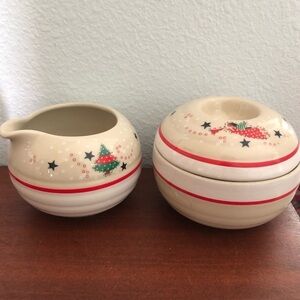 1970s MCM Epoch Brand Winter Holiday Cream and Sugar Set Angel Tree Model